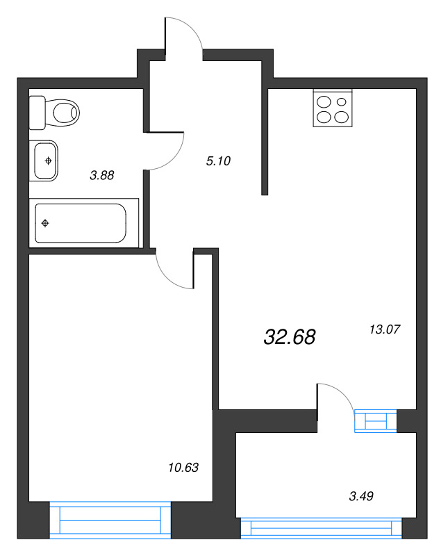 1-комнатная квартира, 32.68 м² - планировка, фото №1