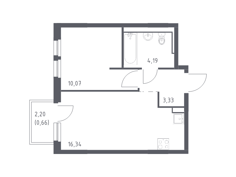2-комнатная (Евро) квартира, 34.59 м² - планировка, фото №1