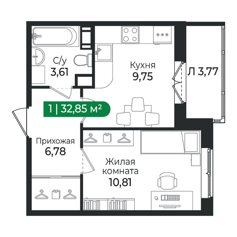 1-комнатная квартира, 32.85 м² в ЖК "Сертолово Парк" - планировка, фото №1