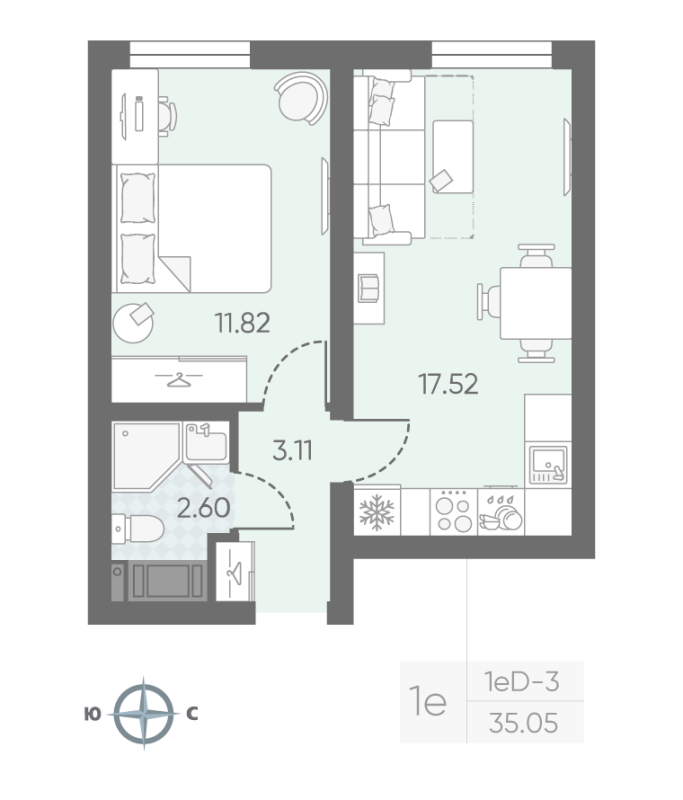 1-комнатная квартира, 35.05 м² в ЖК "Морская миля" - планировка, фото №1