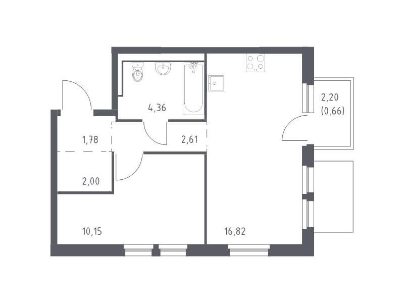 2-комнатная (Евро) квартира, 38.38 м² - планировка, фото №1