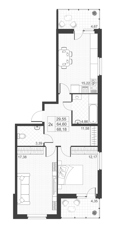 2-комнатная квартира, 68.18 м² в ЖК "Ново-Антропшино" - планировка, фото №1
