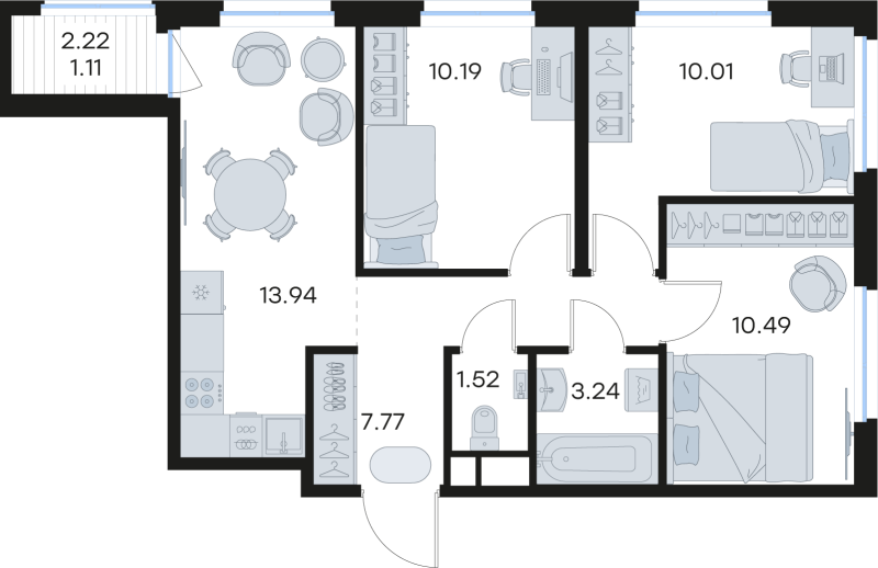 3-комнатная квартира, 58.27 м² в ЖК "Новоселье" - планировка, фото №1