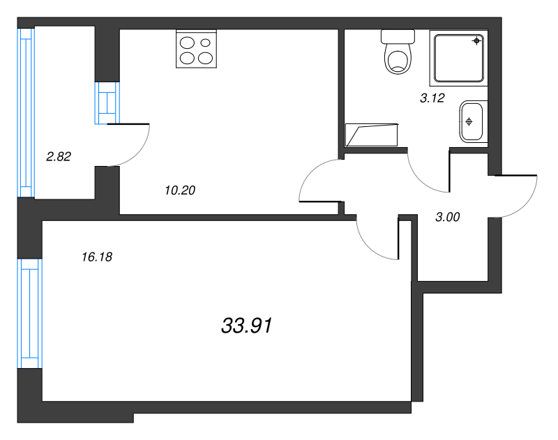 1-комнатная квартира, 33.91 м² - планировка, фото №1