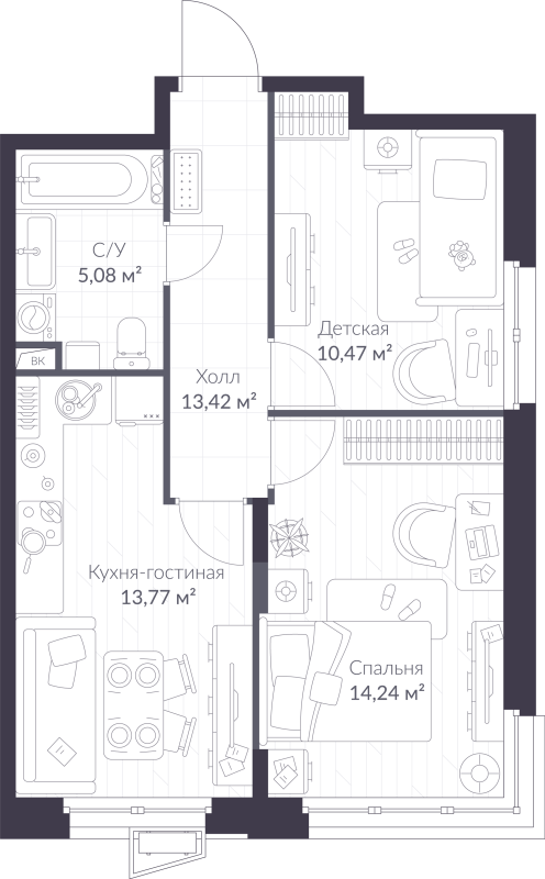 2-комнатная квартира, 49.77 м² - планировка, фото №1