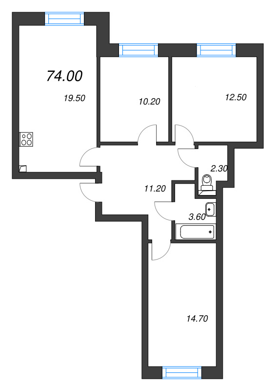 4-комнатная (Евро) квартира, 74 м² в ЖК "Большая Охта" - планировка, фото №1