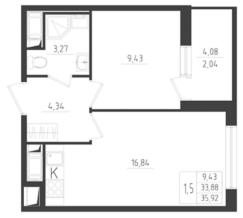 2-комнатная (Евро) квартира, 35.92 м² - планировка, фото №1