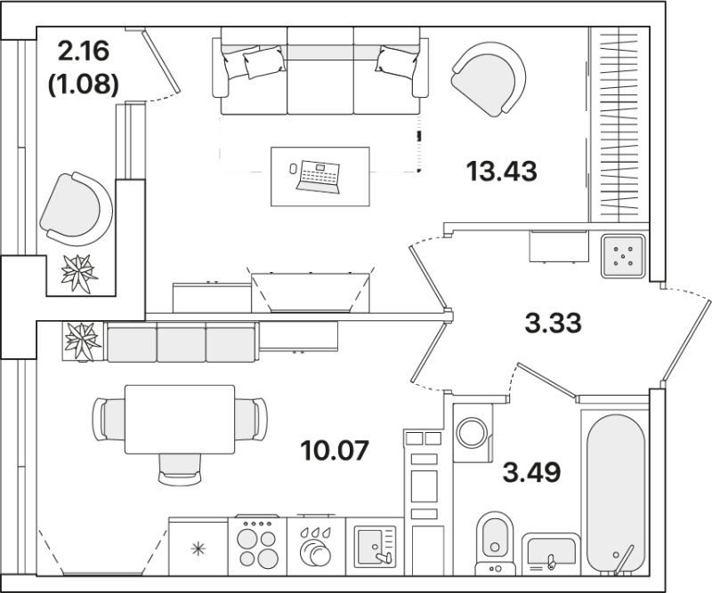 1-комнатная квартира, 31.4 м² - планировка, фото №1