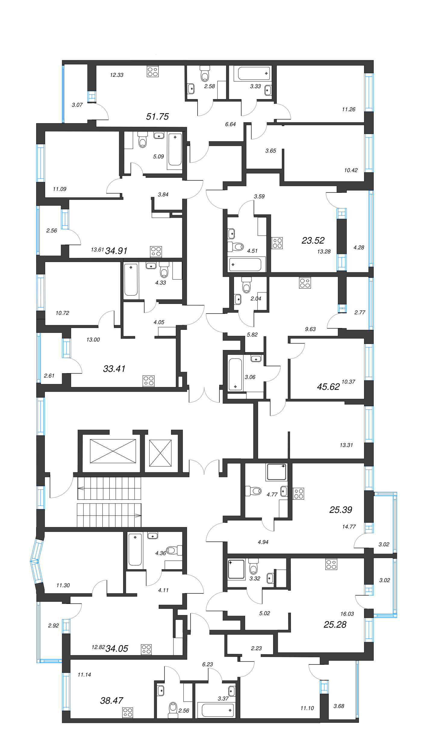 2-комнатная квартира, 51.75 м² - планировка этажа