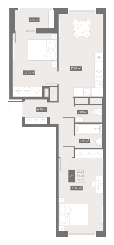 3-комнатная (Евро) квартира, 58.62 м² - планировка, фото №1