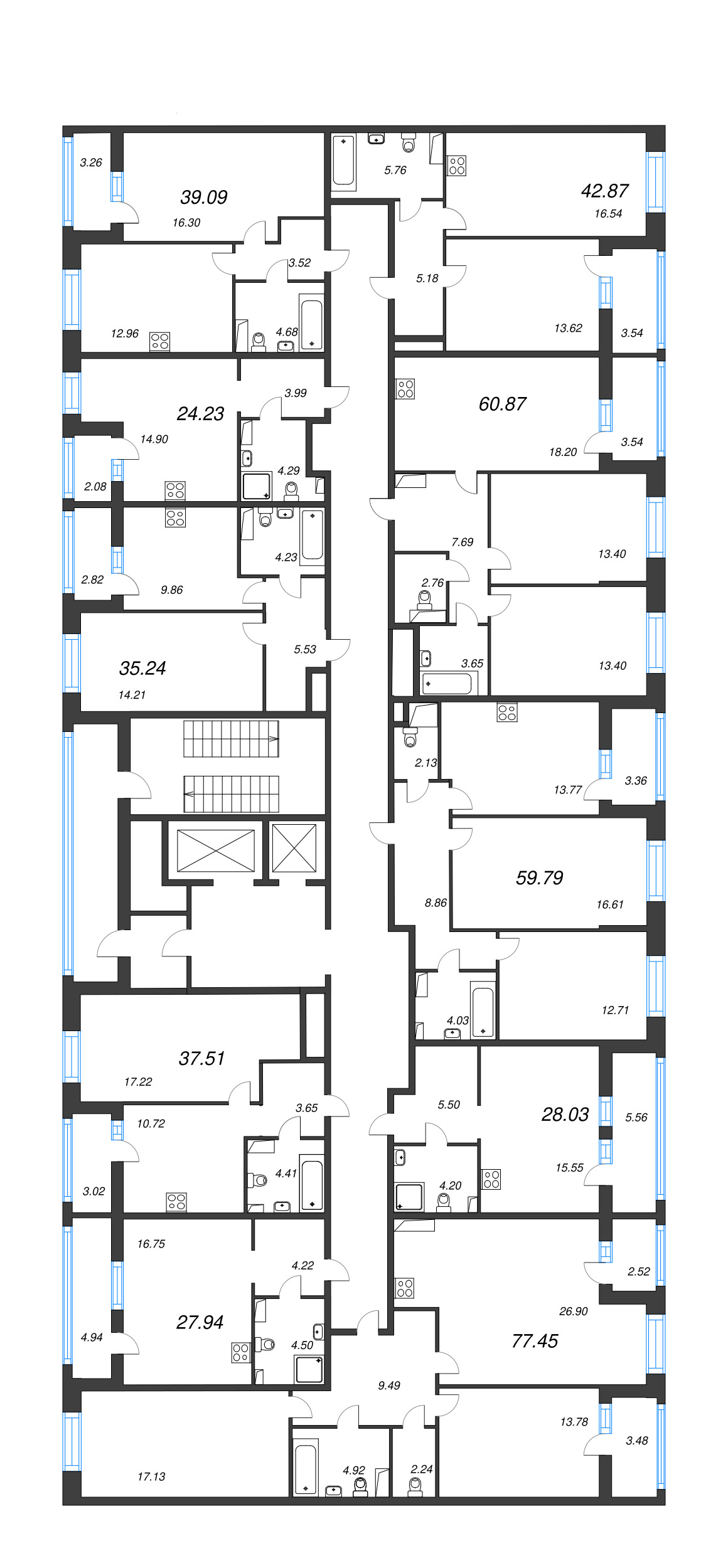 3-комнатная (Евро) квартира, 60.87 м² - планировка этажа