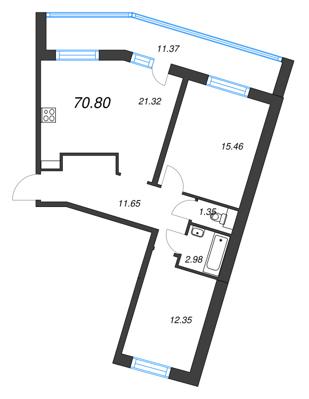 3-комнатная (Евро) квартира, 70.8 м² - планировка, фото №1