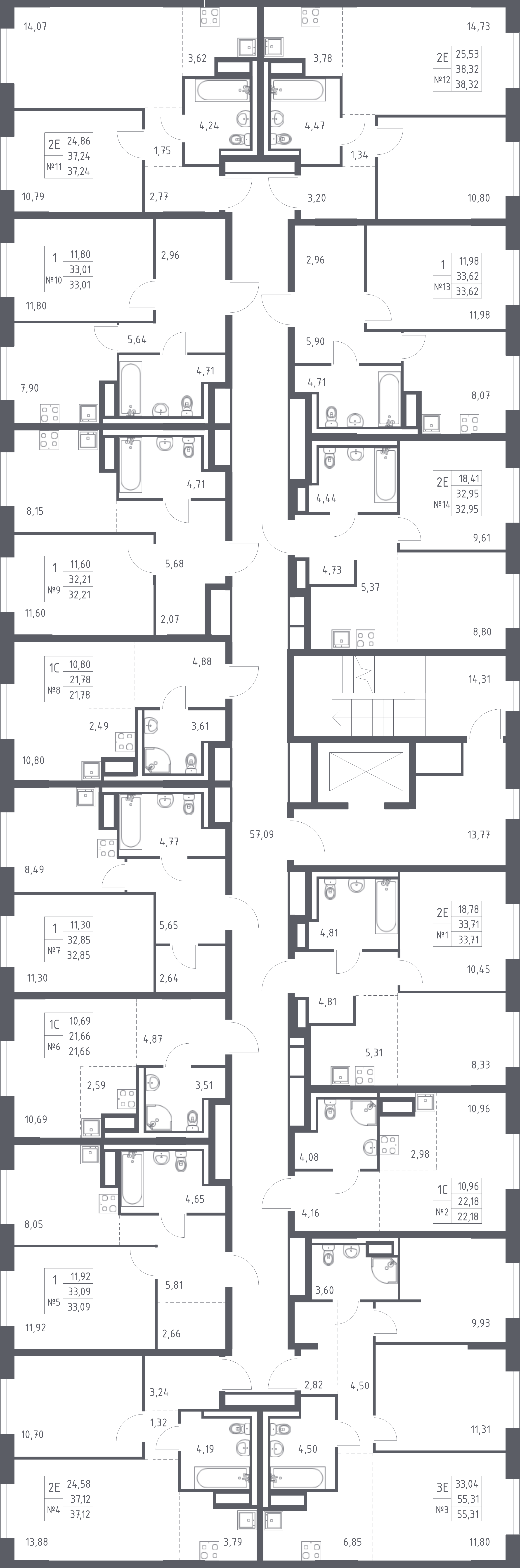 1-комнатная квартира, 33.01 м² - планировка этажа