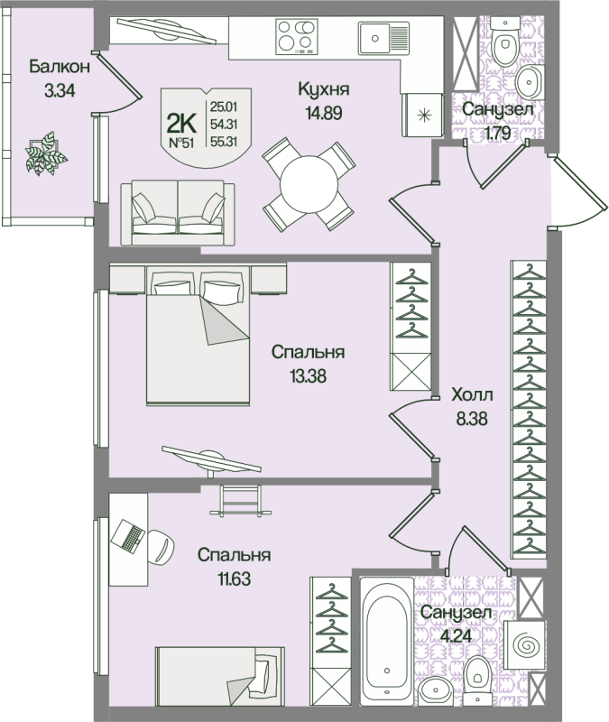 2-комнатная квартира, 55.31 м² в ЖК "Охтинские высоты" - планировка, фото №1