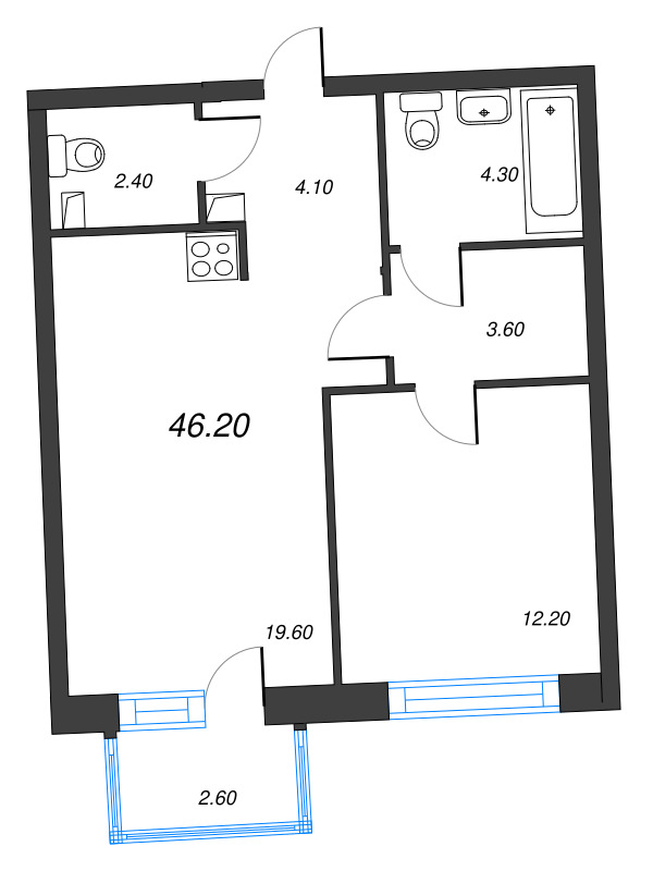 2-комнатная (Евро) квартира, 46.2 м² - планировка, фото №1