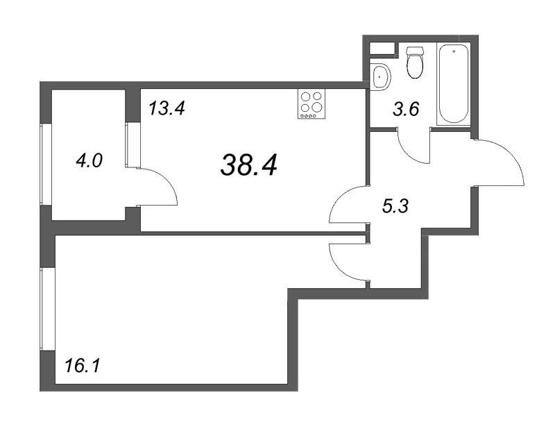 1-комнатная квартира, 38.4 м² - планировка, фото №1