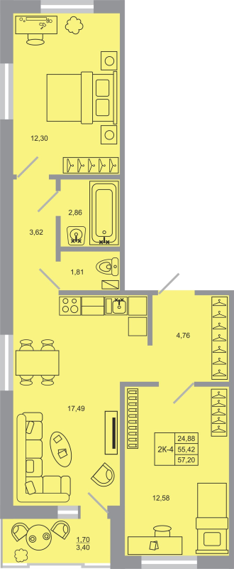 3-комнатная (Евро) квартира, 57.2 м² - планировка, фото №1