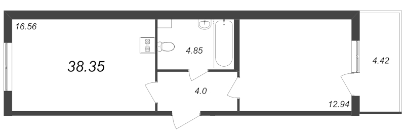 2-комнатная (Евро) квартира, 38.35 м² - планировка, фото №1
