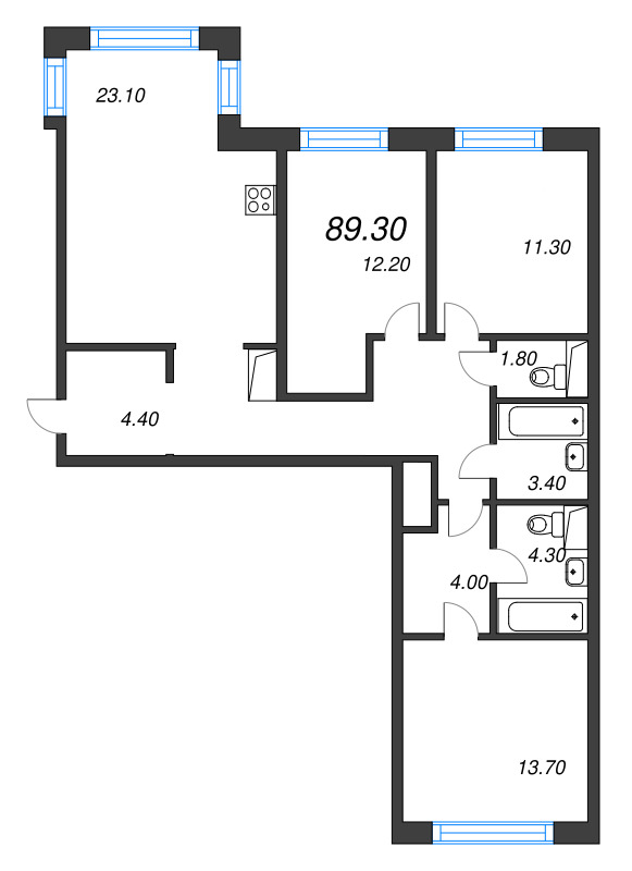 4-комнатная (Евро) квартира, 89.3 м² в ЖК "Легенда на Охте" - планировка, фото №1