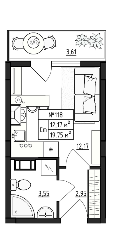 Квартира-студия, 19.75 м² - планировка, фото №1