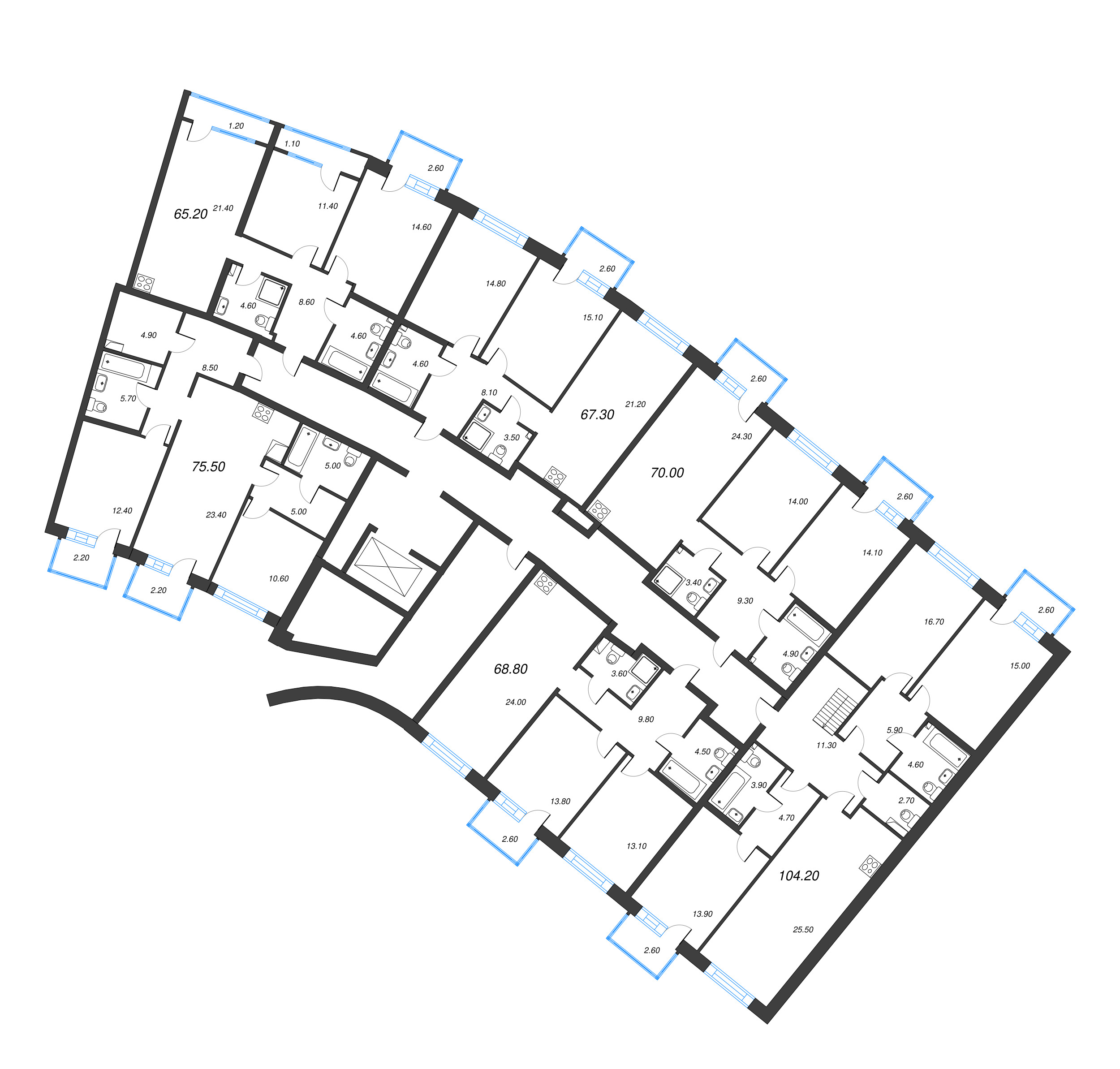 3-комнатная (Евро) квартира, 68.8 м² в ЖК "Цвет Зеленогорска" - планировка этажа