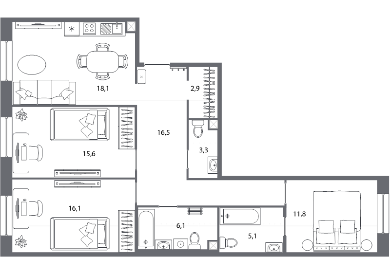 4-комнатная (Евро) квартира, 95.5 м² - планировка, фото №1