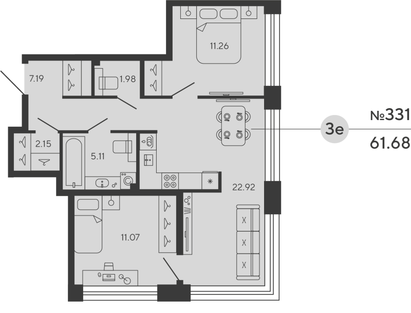 3-комнатная (Евро) квартира, 61.68 м² в ЖК "Башни Элемент" - планировка, фото №1
