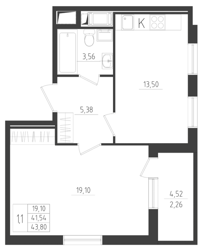 1-комнатная квартира, 43.8 м² в ЖК "Новикола" - планировка, фото №1