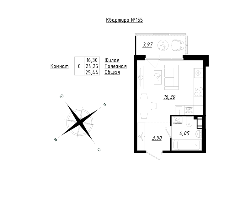 Квартира-студия, 25.44 м² - планировка, фото №1