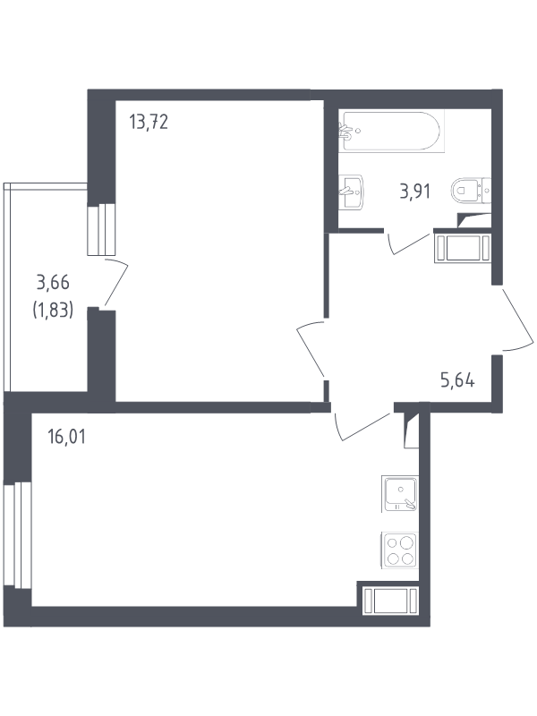 2-комнатная (Евро) квартира, 41.11 м² - планировка, фото №1