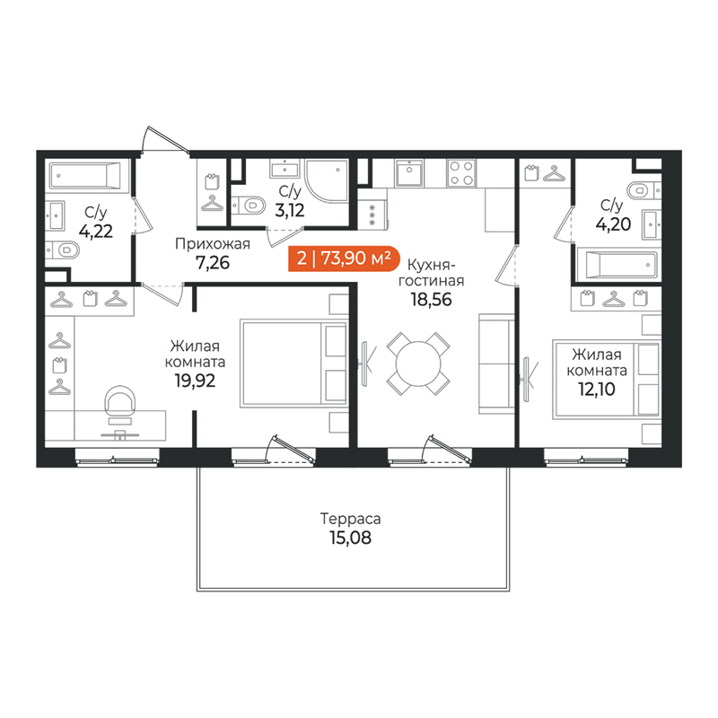 3-комнатная (Евро) квартира, 73.9 м² в ЖК "Алгоритм Квинта" - планировка, фото №1