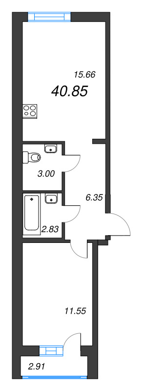 2-комнатная (Евро) квартира, 40.85 м² - планировка, фото №1