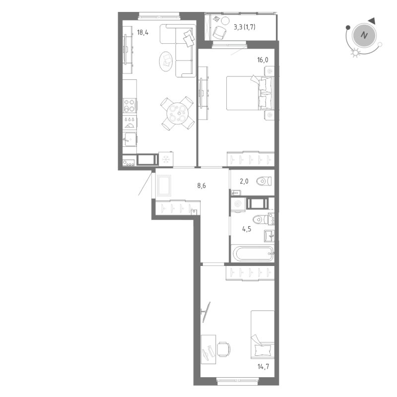 3-комнатная (Евро) квартира, 65.9 м² в ЖК "Клюква.Парк" - планировка, фото №1