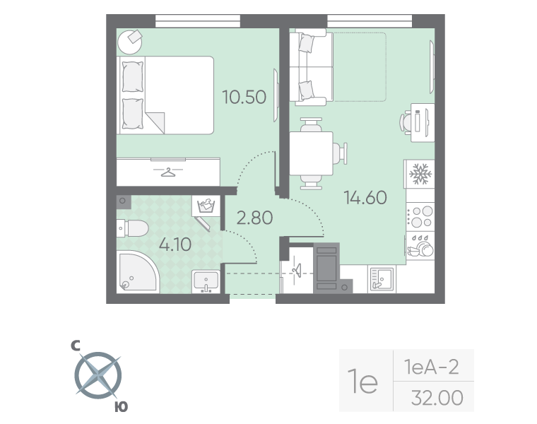 1-комнатная квартира, 32 м² в ЖК "Ручьи" - планировка, фото №1