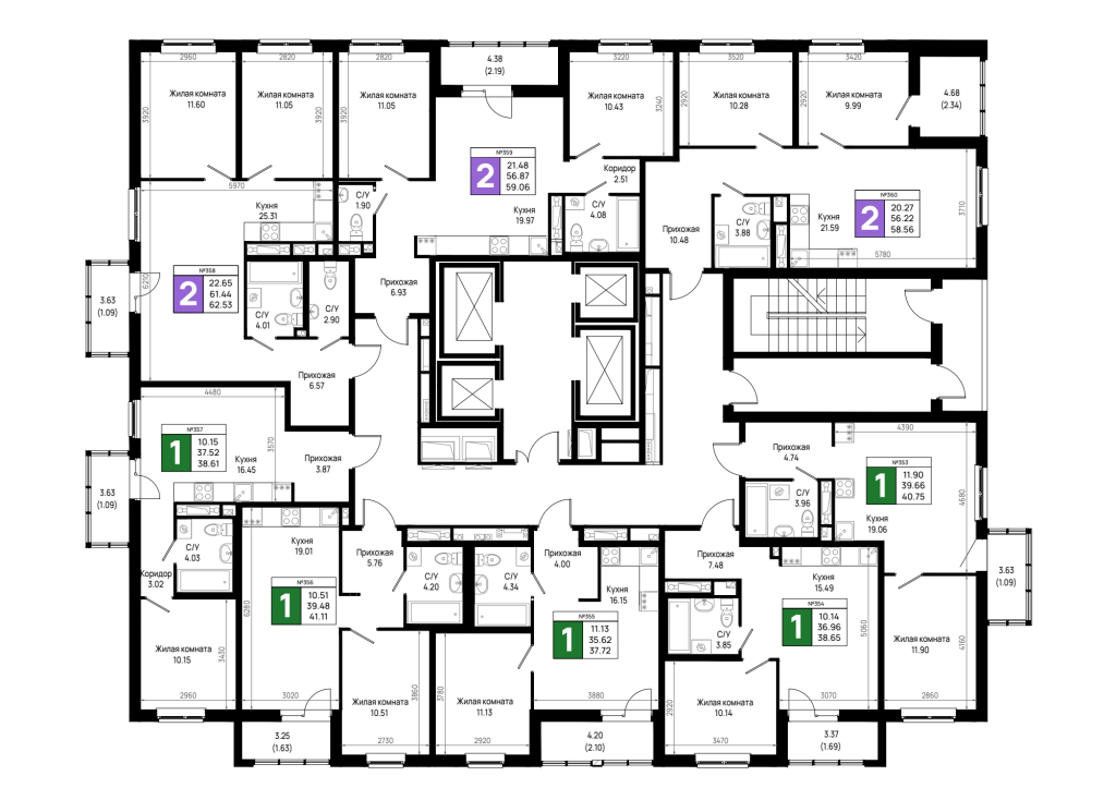 2-комнатная (Евро) квартира, 38.61 м² в ЖК "Имена" - планировка этажа