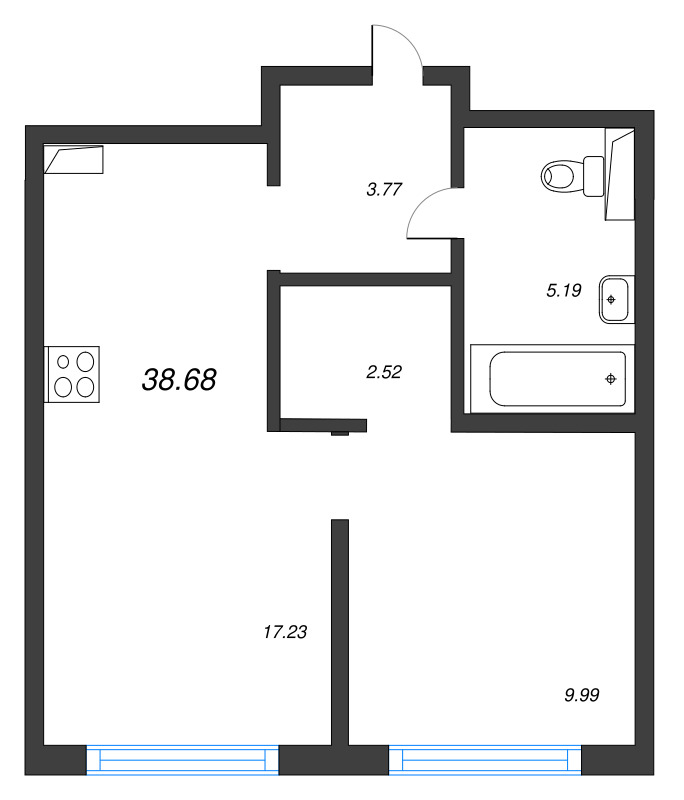2-комнатная (Евро) квартира, 38.62 м² в ЖК "Новая Земля" - планировка, фото №1