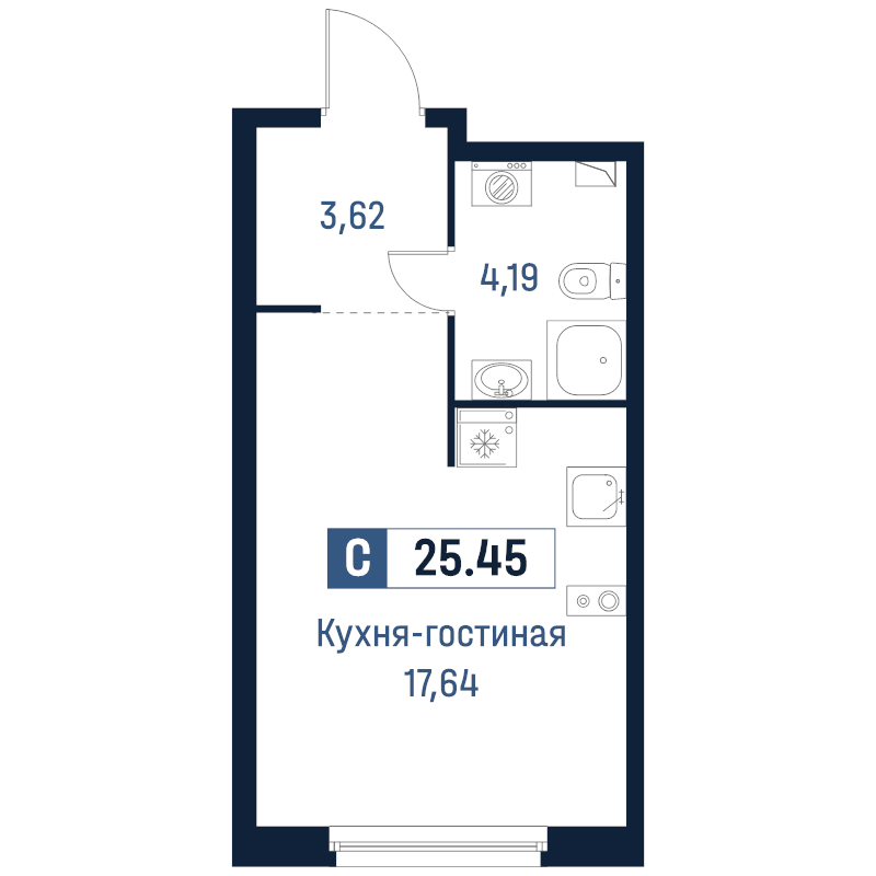 Квартира-студия, 25.45 м² в ЖК "Максималист" - планировка, фото №1