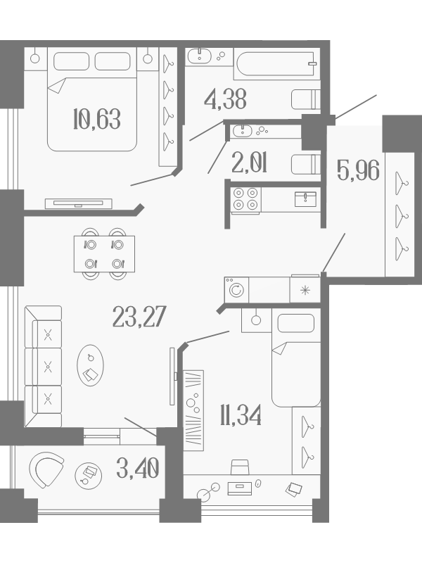 3-комнатная (Евро) квартира, 58.89 м² в ЖК "Коллекционный дом 1919" - планировка, фото №1