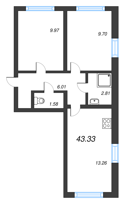2-комнатная квартира, 43.33 м² в ЖК "Ручьи" - планировка, фото №1