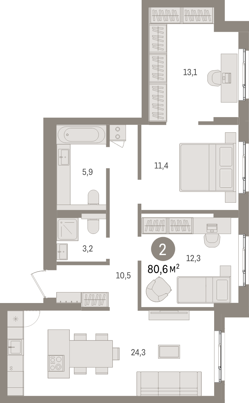 3-комнатная (Евро) квартира, 80.6 м² - планировка, фото №1