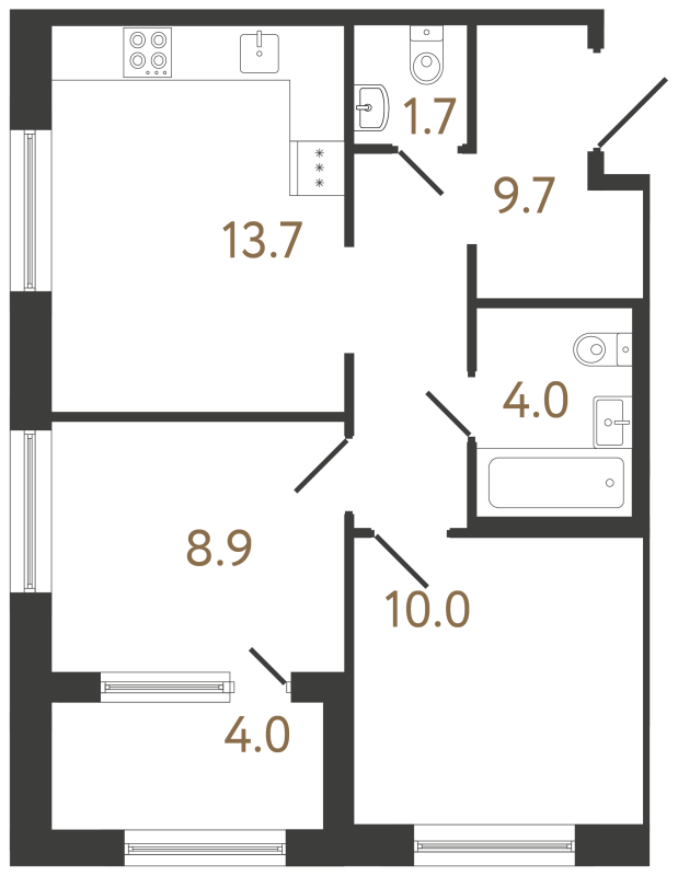 2-комнатная квартира, 48 м² в ЖК "Передвижники 2" - планировка, фото №1