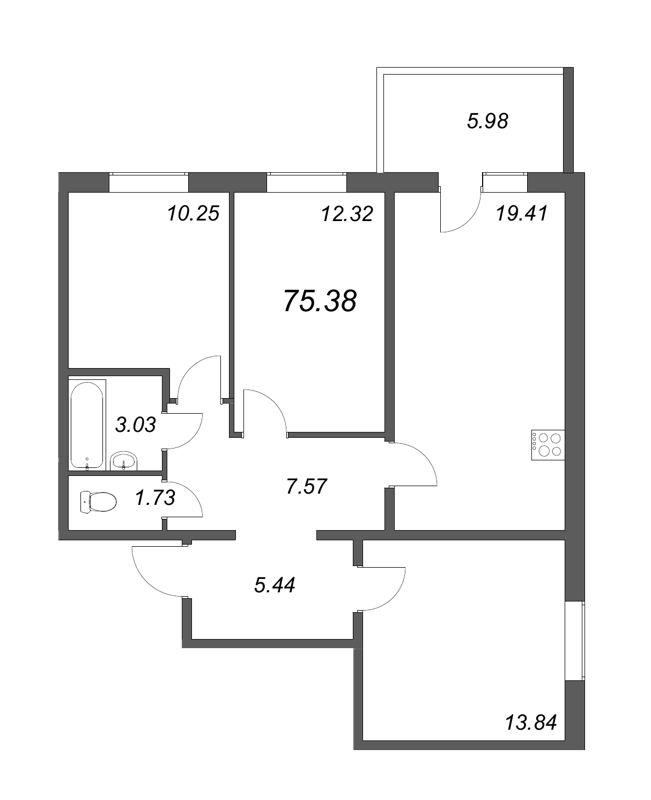 4-комнатная (Евро) квартира, 73.59 м² в ЖК "Юттери" - планировка, фото №1