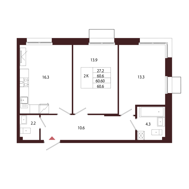 3-комнатная (Евро) квартира, 60.6 м² в ЖК "Лисино" - планировка, фото №1