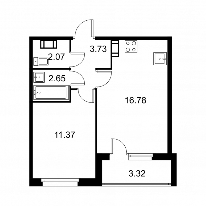 2-комнатная (Евро) квартира, 38.26 м² в ЖК "Квартал Заречье" - планировка, фото №1