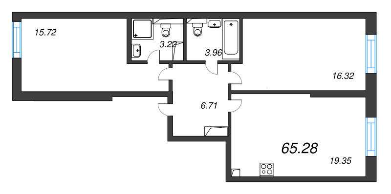3-комнатная (Евро) квартира, 65.28 м² в ЖК "Цивилизация на неве" - планировка, фото №1