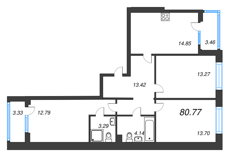 4-комнатная (Евро) квартира, 80.77 м² в ЖК "Охтинские высоты" - планировка, фото №1