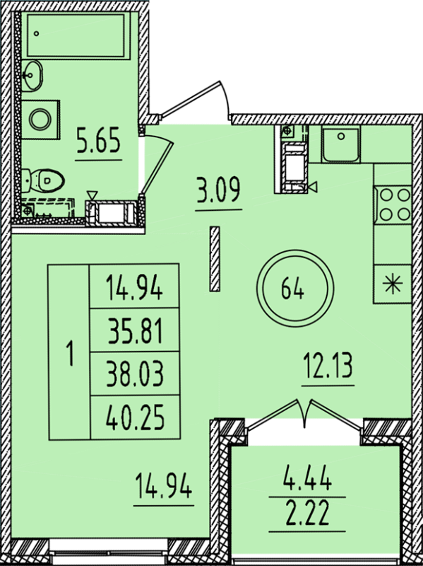 1-комнатная квартира, 35.81 м² в ЖК "Образцовый квартал 14" - планировка, фото №1