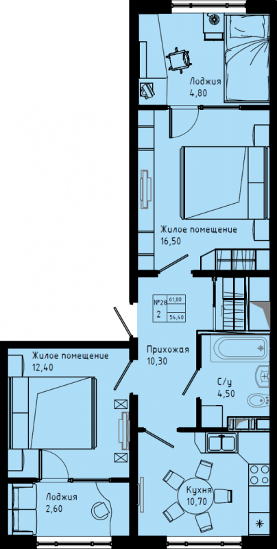 2-комнатная квартира, 61.8 м² в ЖК "Pixel" - планировка, фото №1