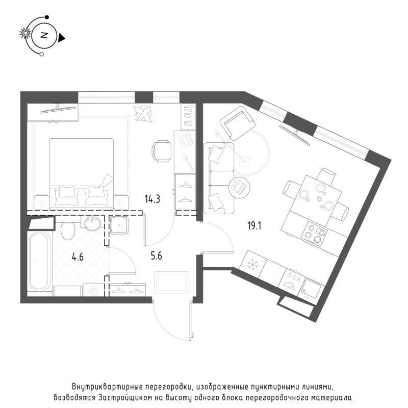 1-комнатная квартира, 43.6 м² - планировка, фото №1
