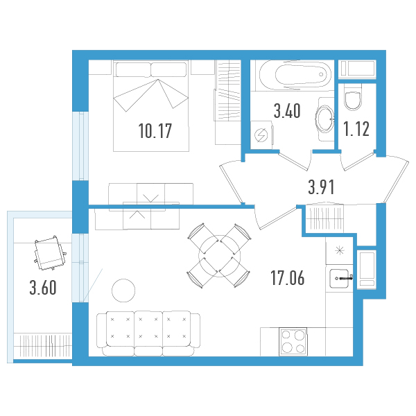 2-комнатная (Евро) квартира, 36.74 м² в ЖК "AEROCITY" - планировка, фото №1